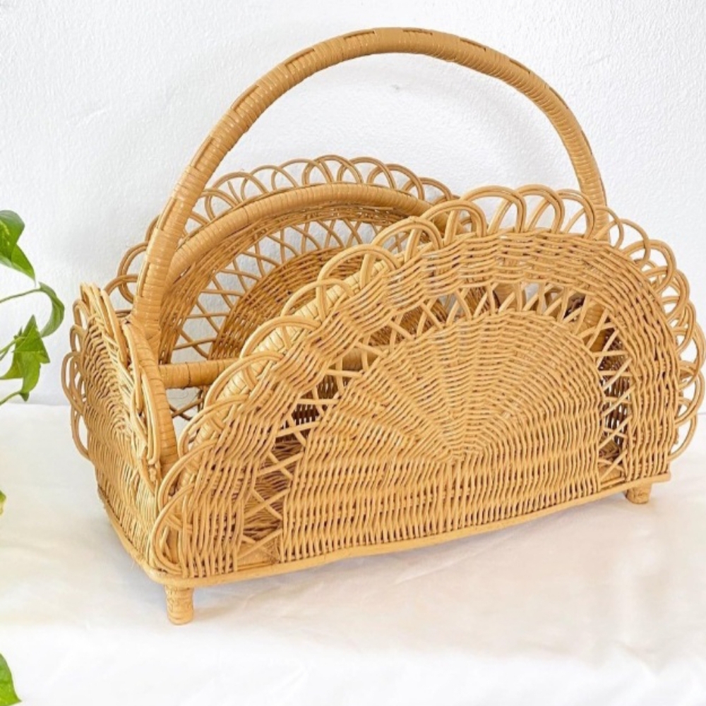 Vintage Wicker Magazine Holder Boho MCM Rattan WOVEN